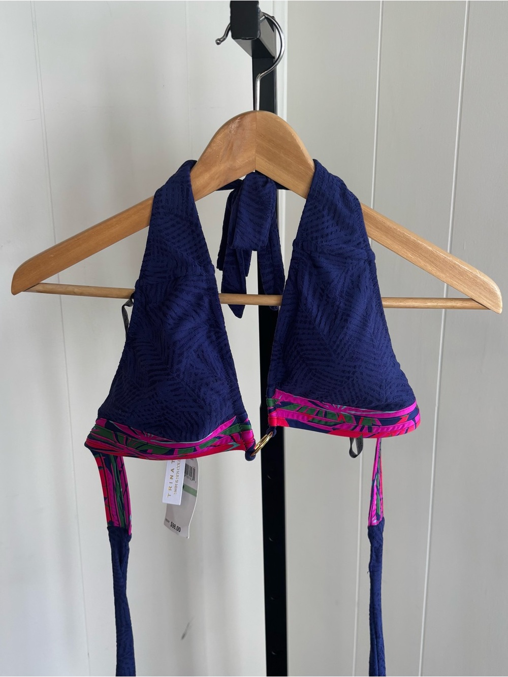 Trina Turk Halter Bikini Top Navy Pink Tropical Gold Ring Womens 8 NWT